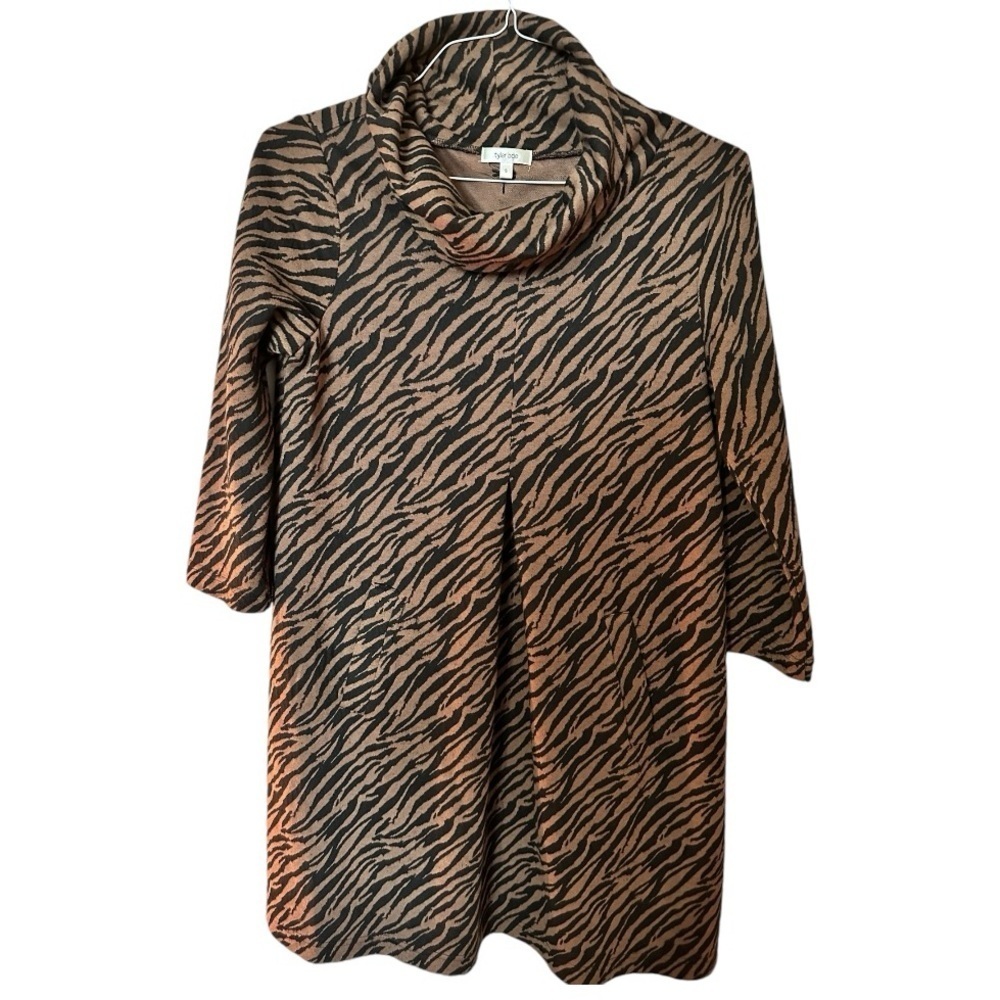 Tyler Boe Black and Tan Zebra Print Cowl Neck Sweater Dress Size Small